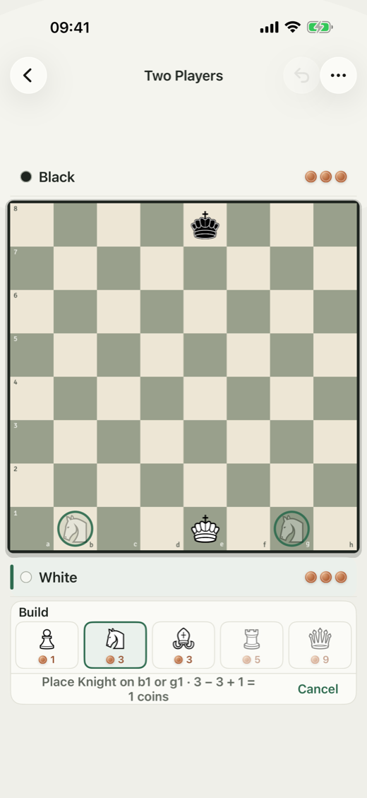 A two-player game on iPhone with the build bar open: the knight is selected at three coins, and the caption explains it can be placed on b1 or g1.