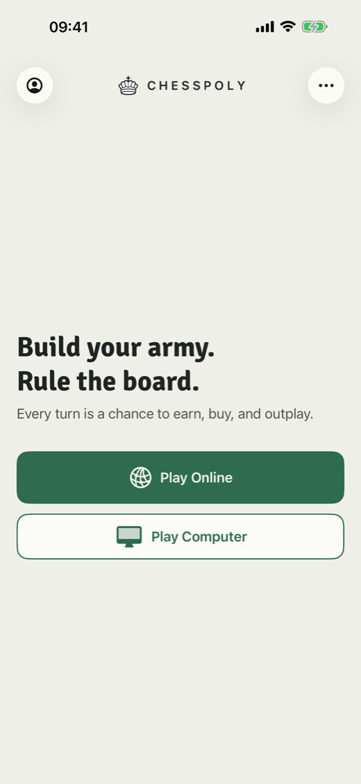 The Chesspoly iPhone home screen, reading “Build your army. Rule the board.” above Play Online and Play Computer buttons.