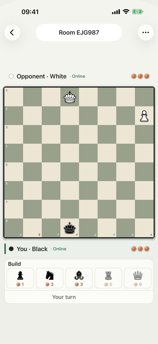 An online game on iPhone showing the shared room code, the opponent marked online, and the build bar with the pieces the player can currently afford.